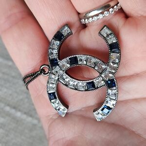 Chanel Gunmetal CC Logo Crystal Pendant Necklace Blue Clear 05P